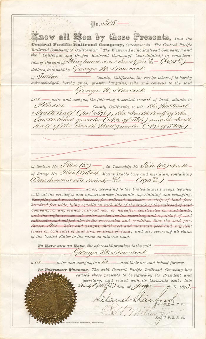 Leland Stanford signs Railroad Deed